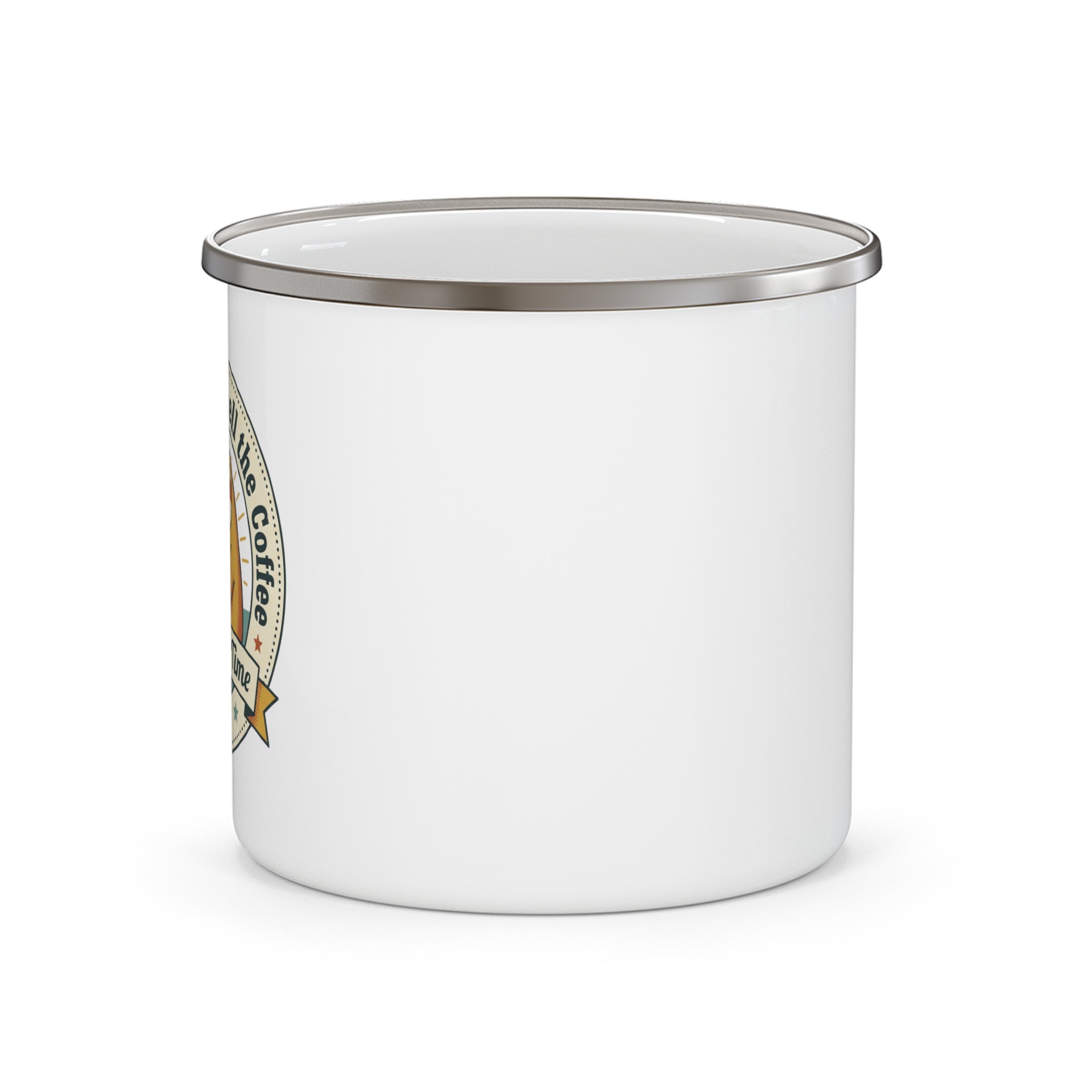 Enamel camping mug with white body and partial sloth graphic on left side
