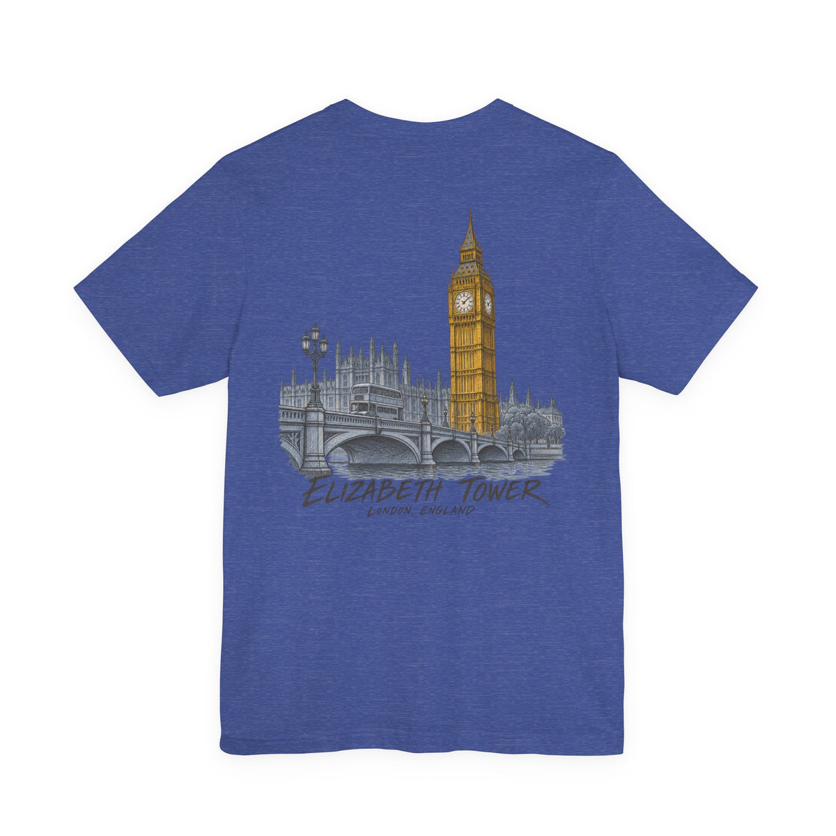 Heather blue travel T-shirt with Elizabeth Tower skyline graphic on chest