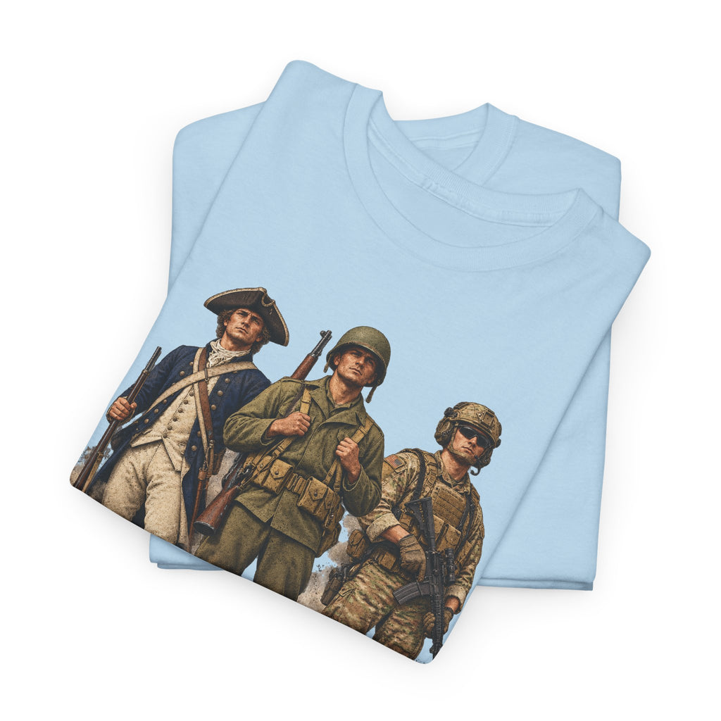 Light blue T-shirt with vintage soldiers graphic on front, crew neck short sleeves.