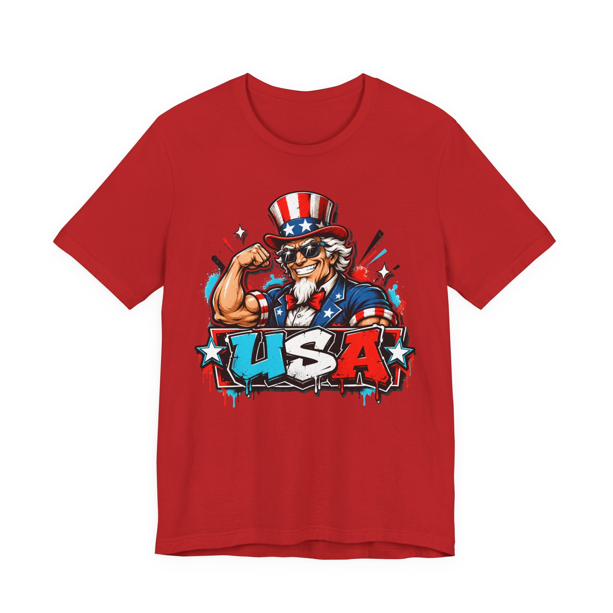 Men's red graphic T-shirt with Uncle Sam holding fist and USA logo print