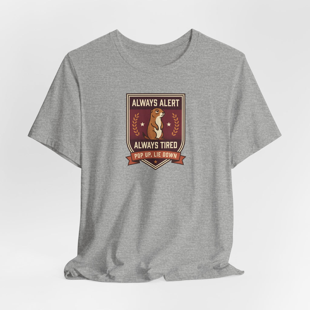 Dark grey crew-neck t-shirt with squirrel crest emblem and banner text graphic