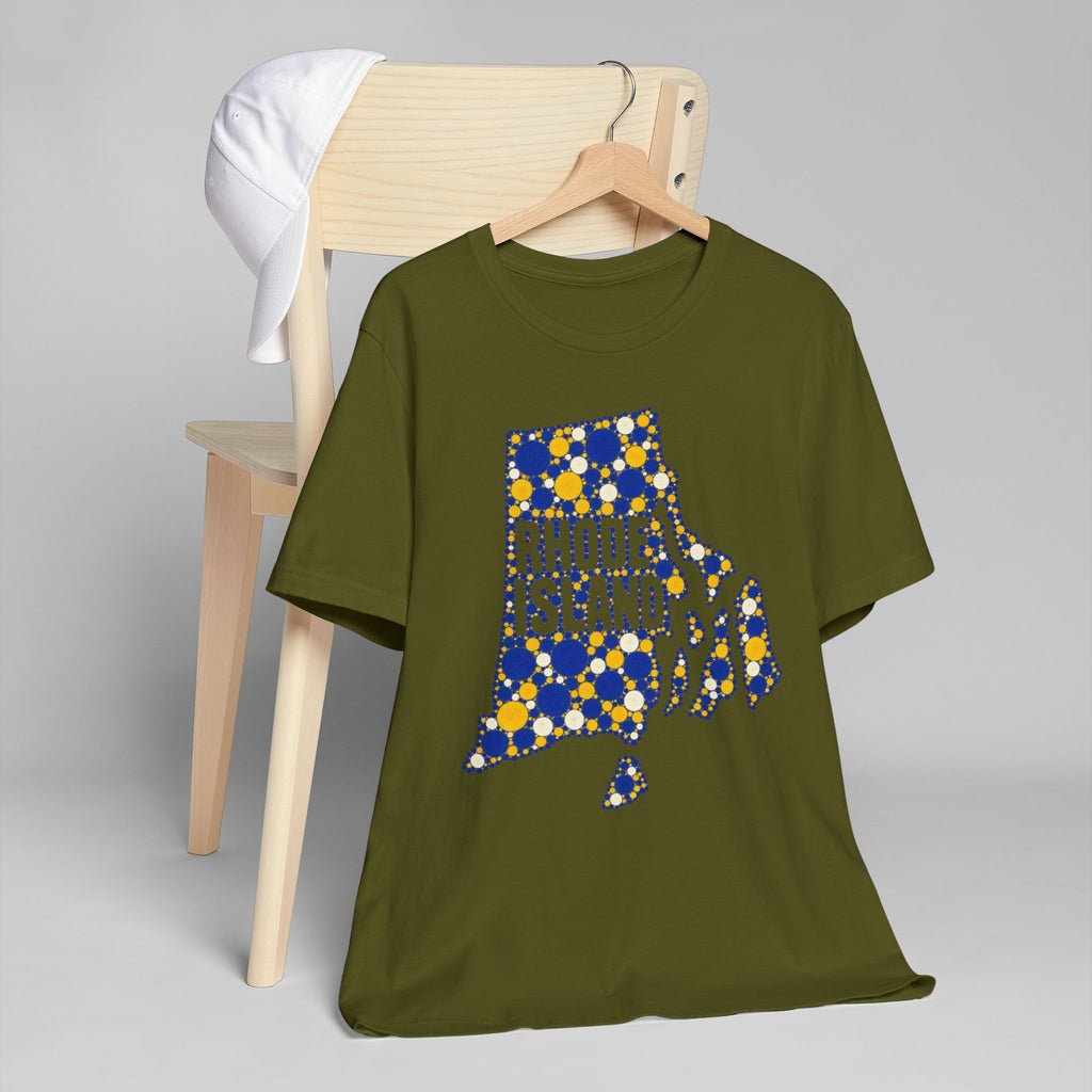 Olive green T-shirt with blue and yellow dotted Rhode Island graphic on chest