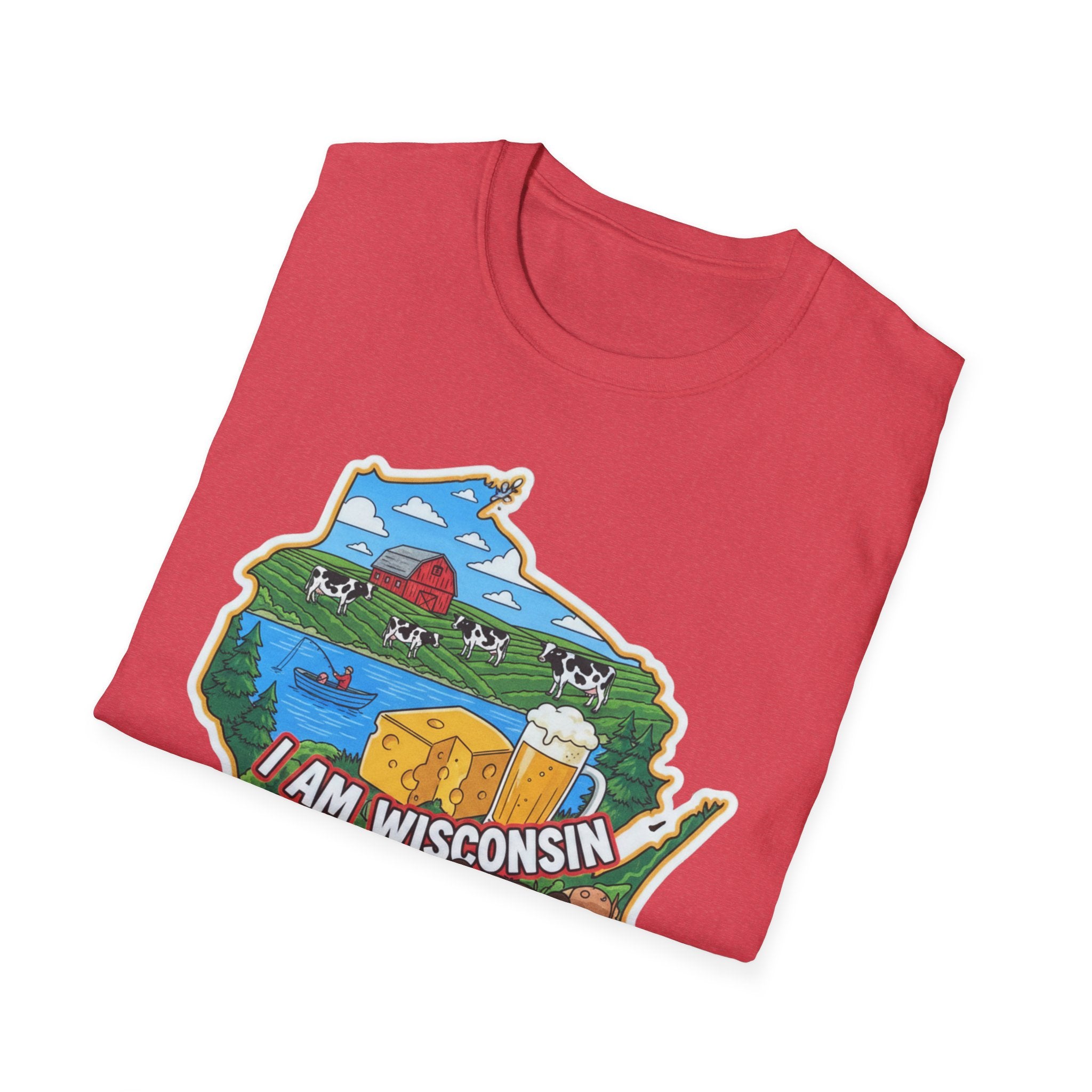 I Am Wisconsin map T-shirt in red, folded view with Wisconsin state logo graphic