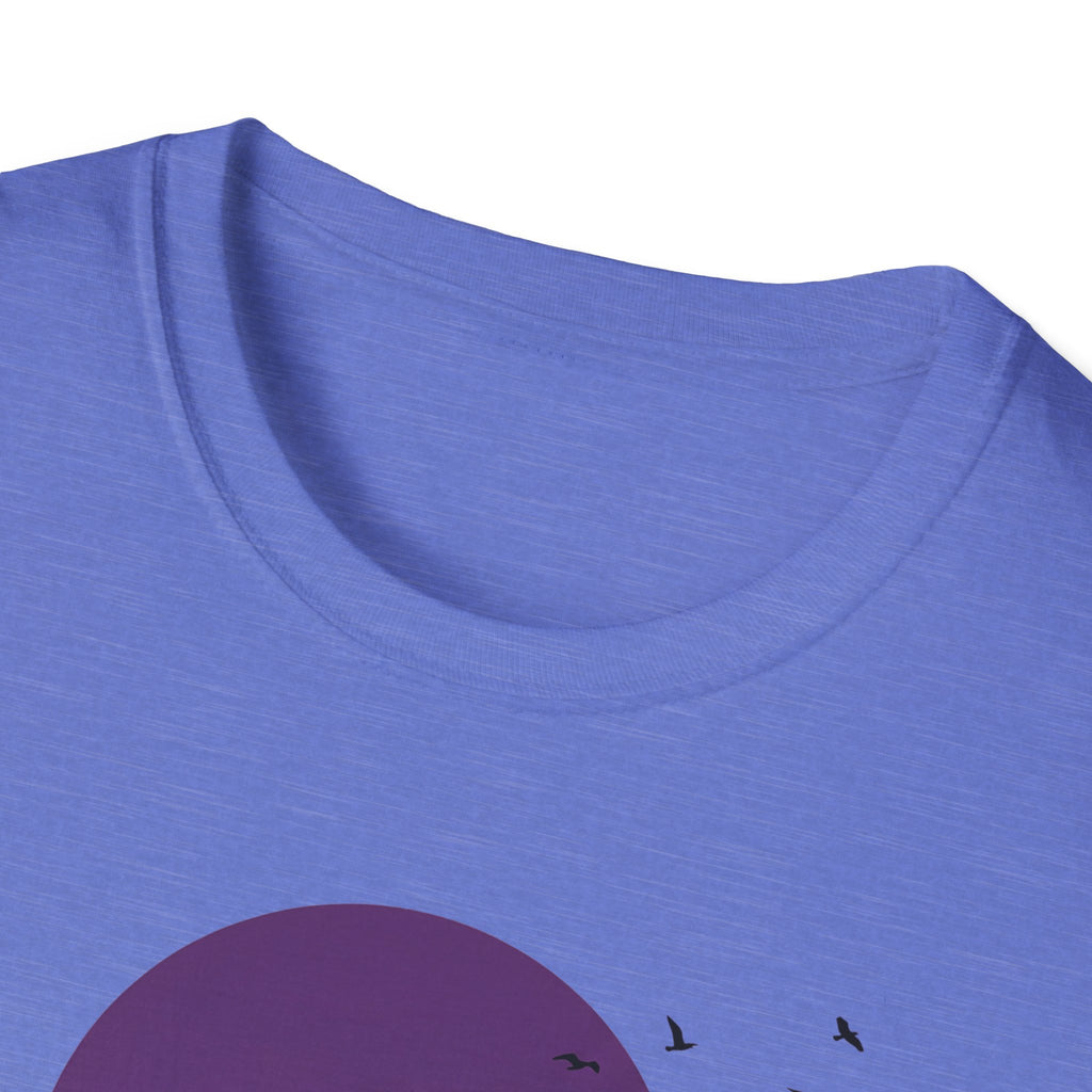 Heather purple T-shirt neckline with partial purple moon and bird silhouettes visible