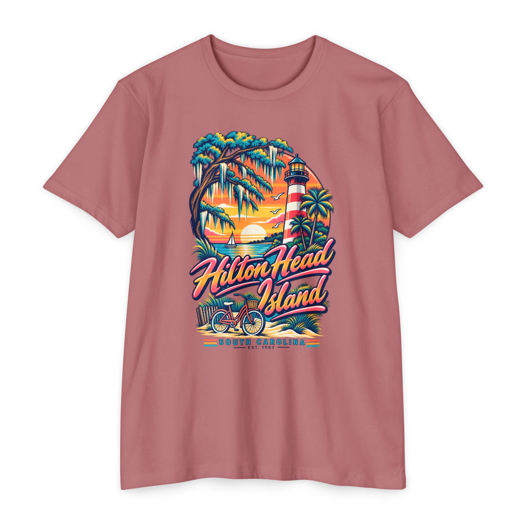 Dusty rose T-shirt with front lighthouse, palm trees, and bicycle graphic print