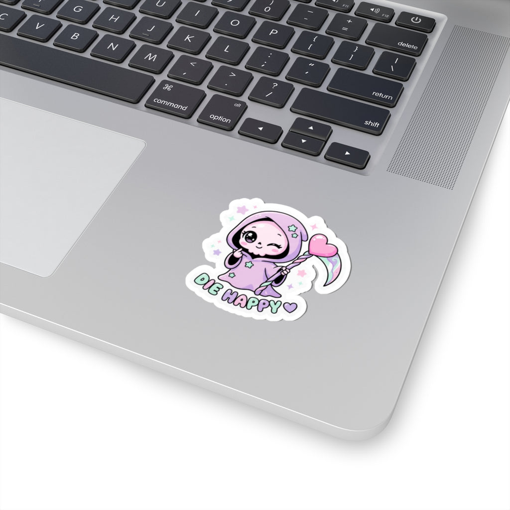Cute grim reaper kiss-cut sticker with pastel character and “DIE HAPPY” text