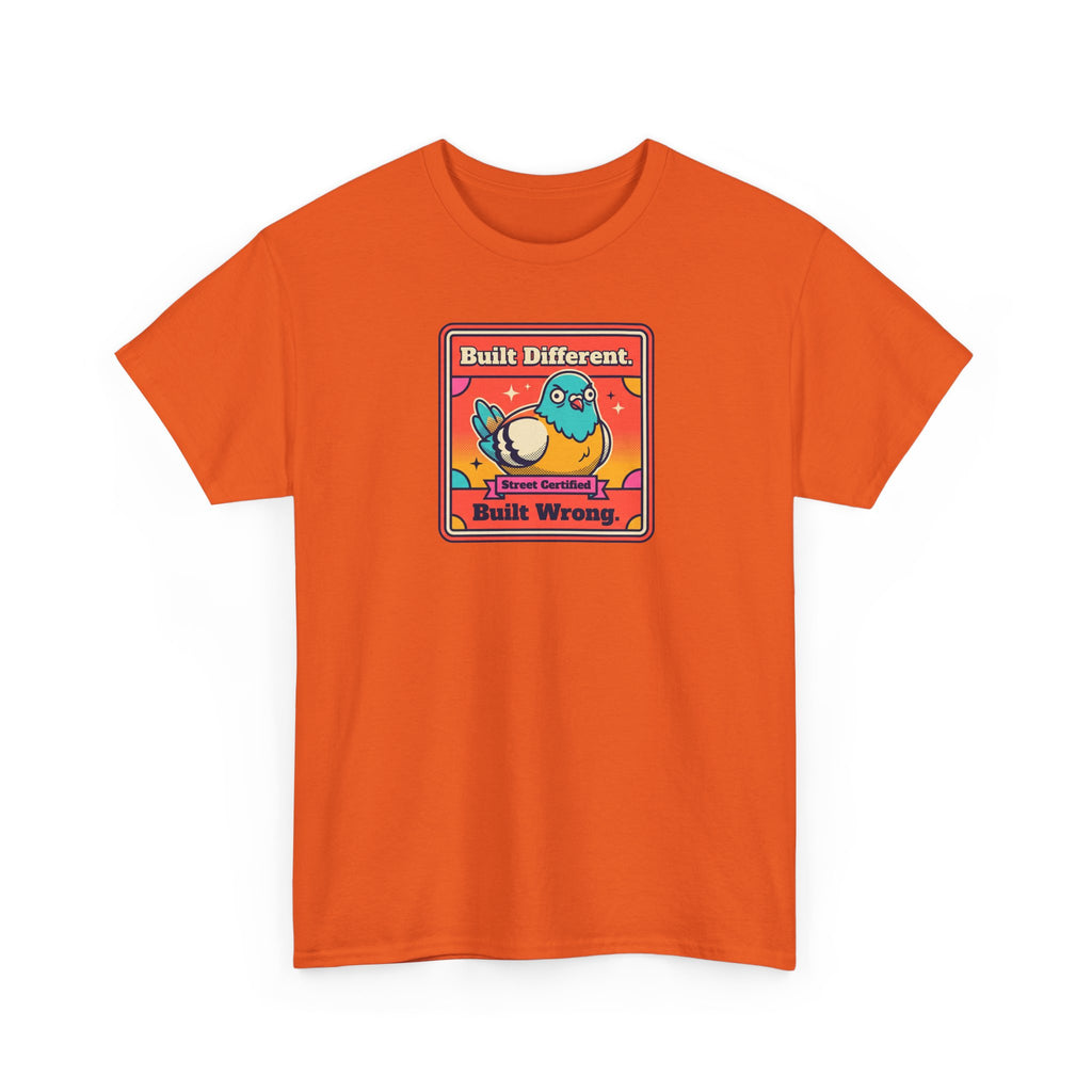 Orange T-shirt with bird slogan graphic, front