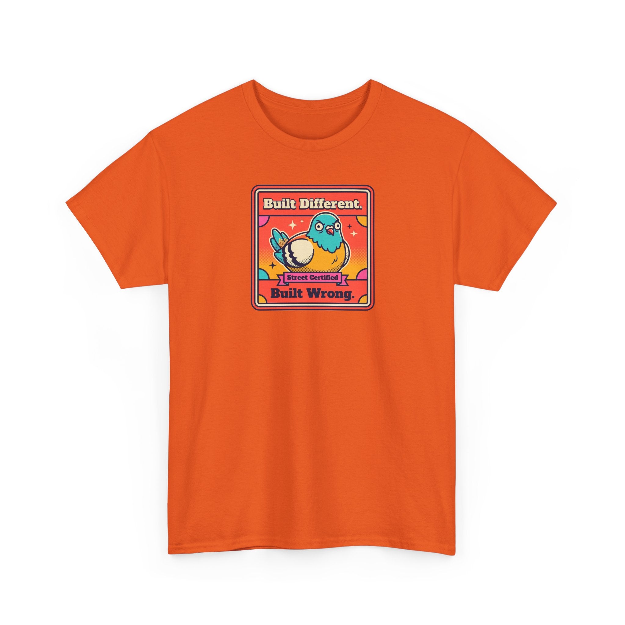 Orange T-shirt with bird slogan graphic, front