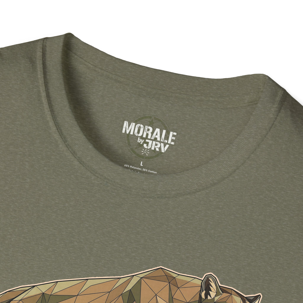 Leaping Cougar tee, military green: “MORALE by TR1” neck label detail