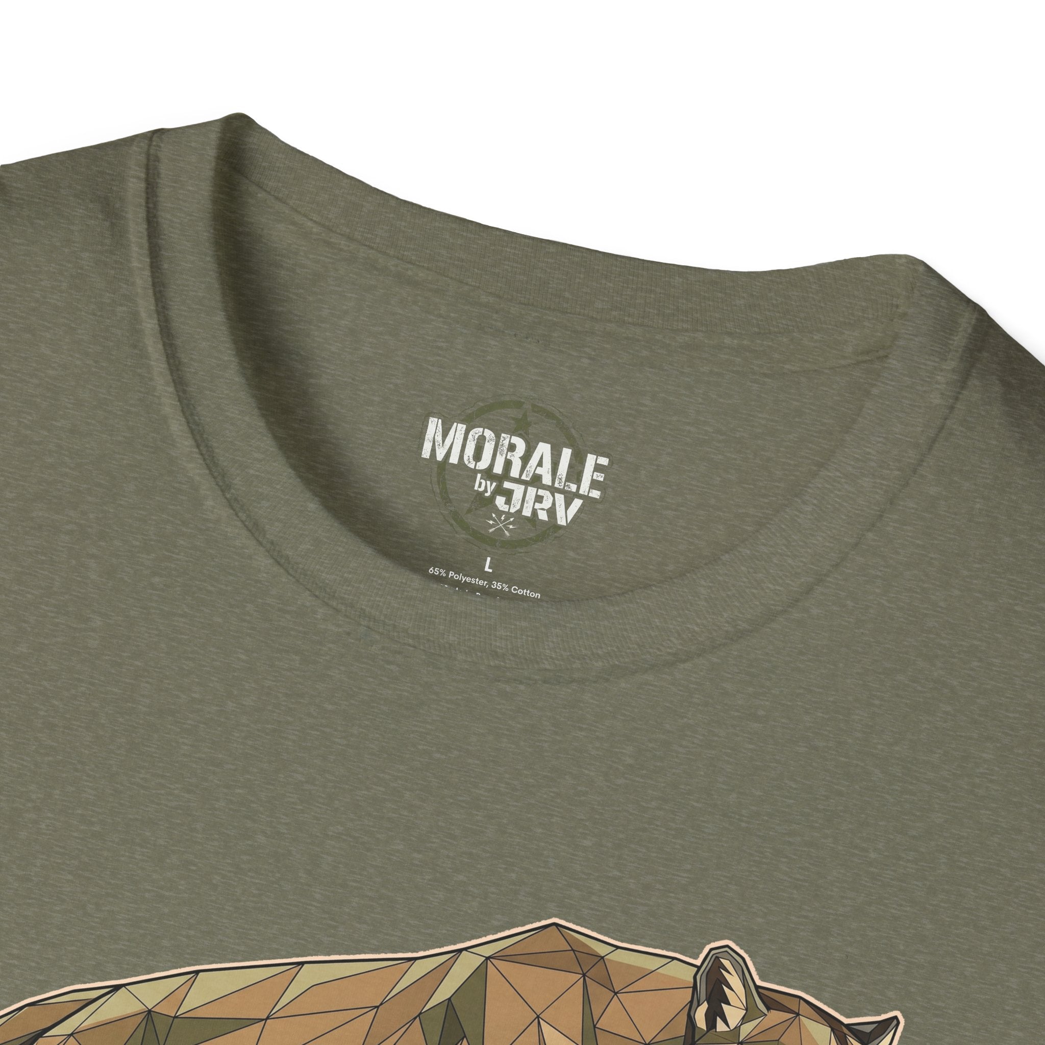 Leaping Cougar tee, military green: “MORALE by TR1” neck label detail