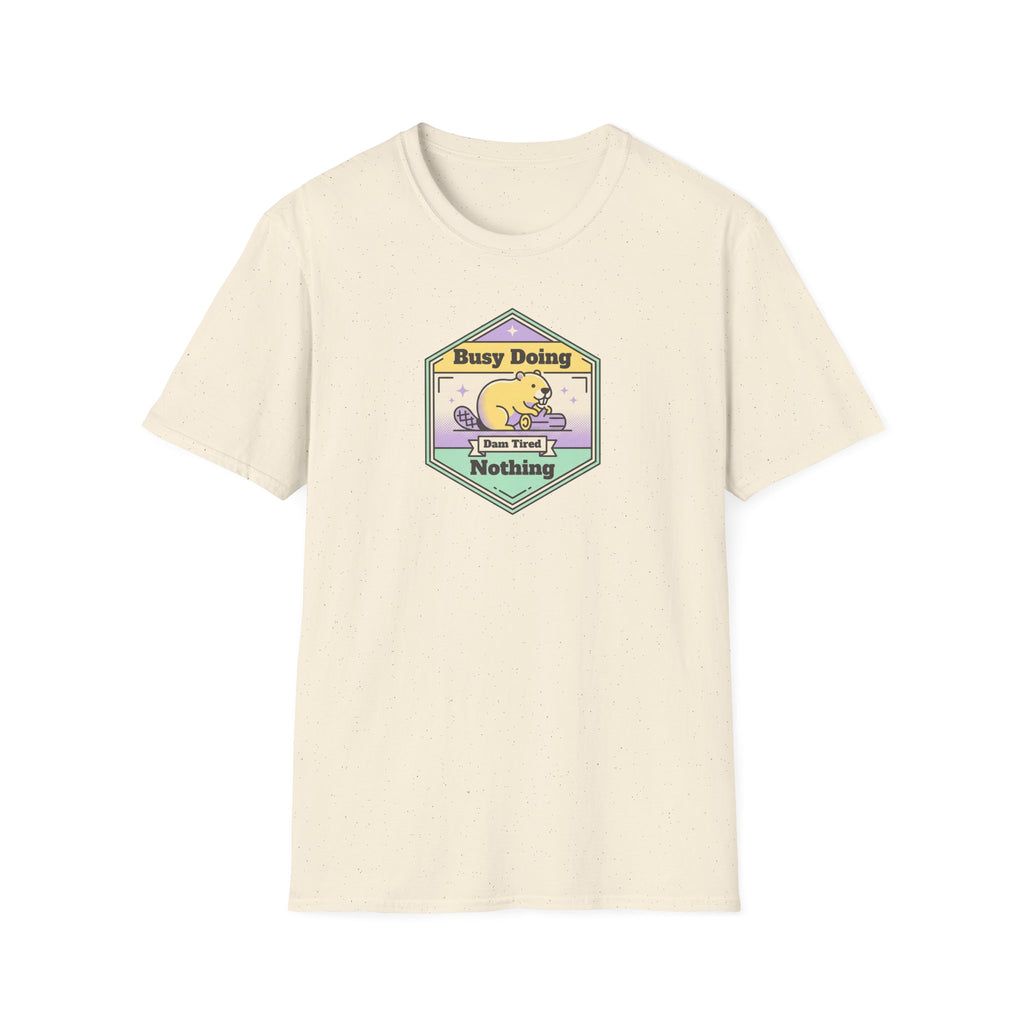 Cream crewneck T-shirt with small colorful sloth graphic badge on chest