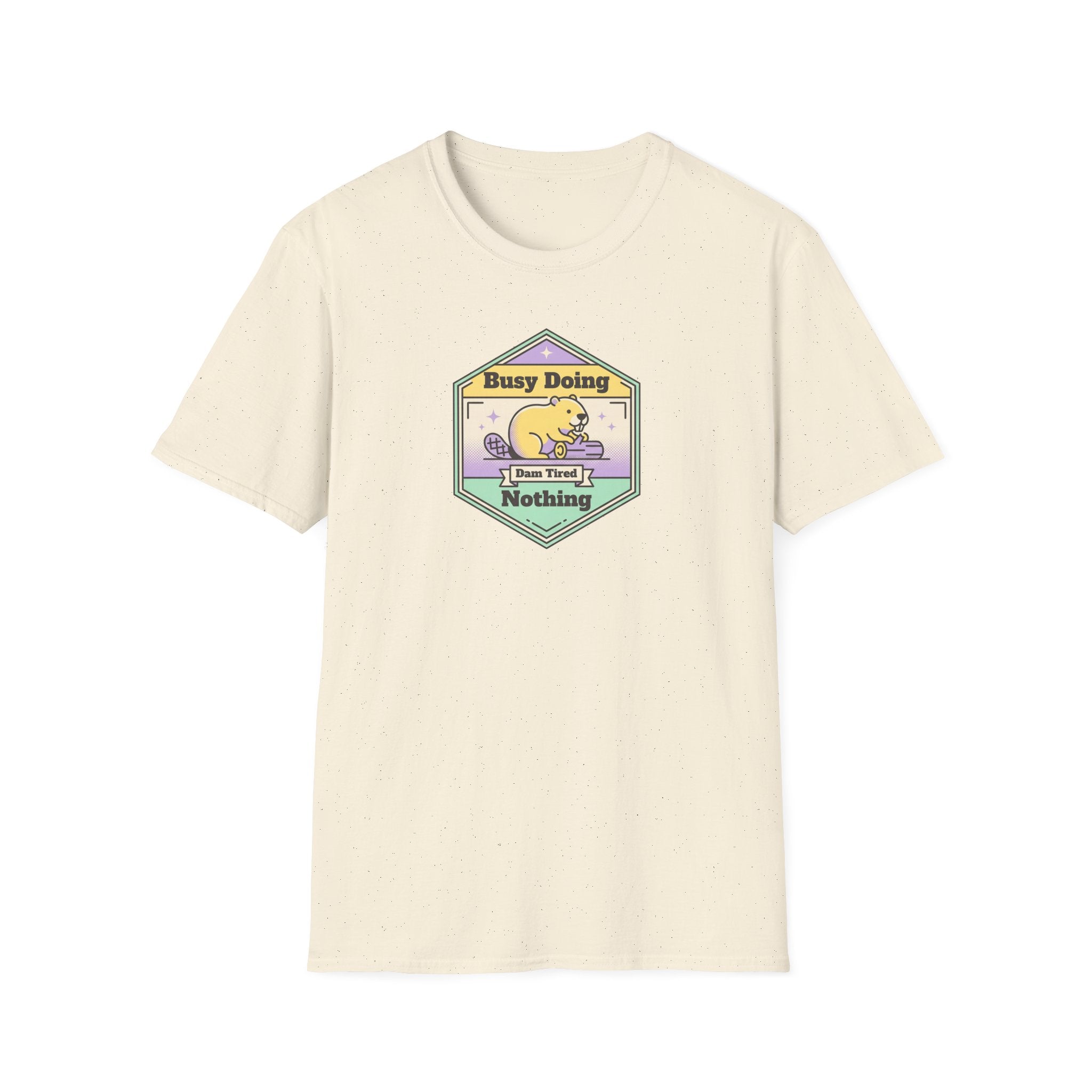 Cream crewneck T-shirt with small colorful sloth graphic badge on chest