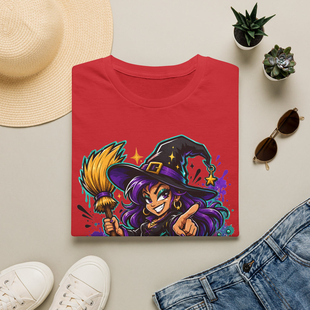 Red T-shirt with colorful witch graphic holding a broom, Halloween candy theme
