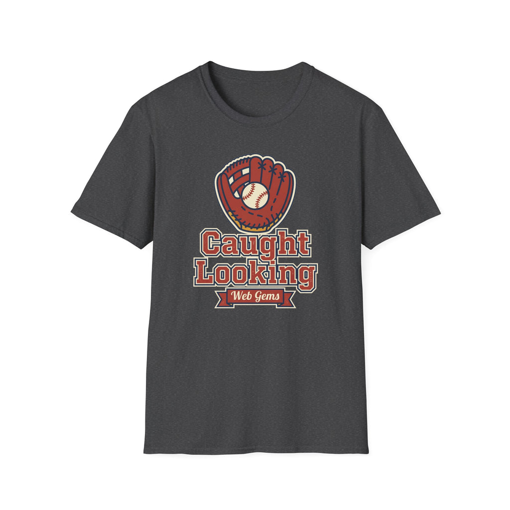 Dark gray baseball T-shirt with “Caught Looking” glove graphic
