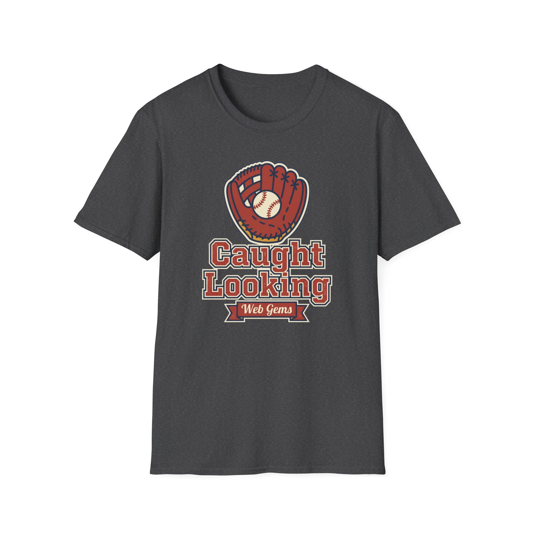 Dark gray baseball T-shirt with “Caught Looking” glove graphic