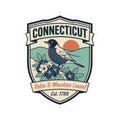 Connecticut shield sticker decal: robin bird with mountain laurel flowers and Est. 1788.