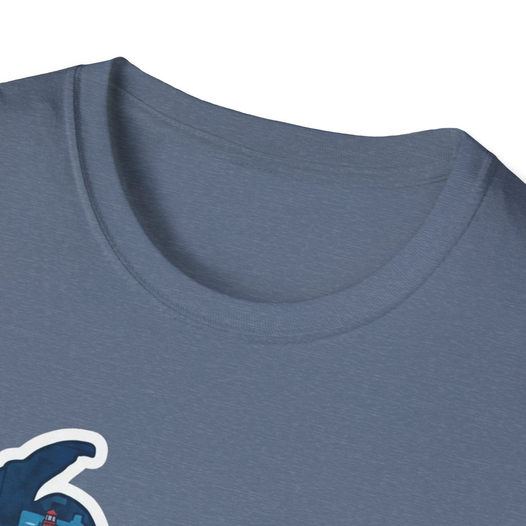 Michigan map graphic T-shirt in slate blue close-up of crew neck