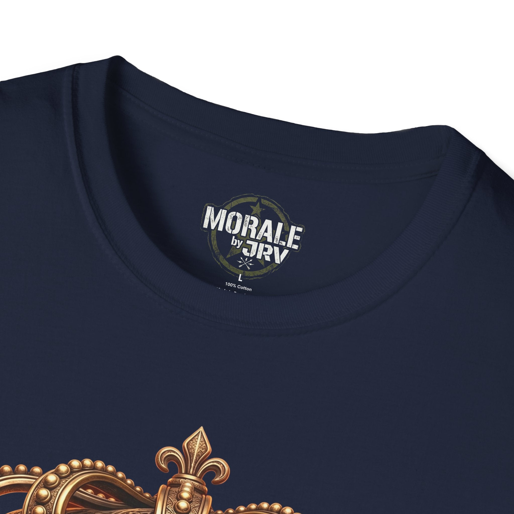 Gold Crown Skull T-Shirt, navy; crew neck label and top of gold crown graphic