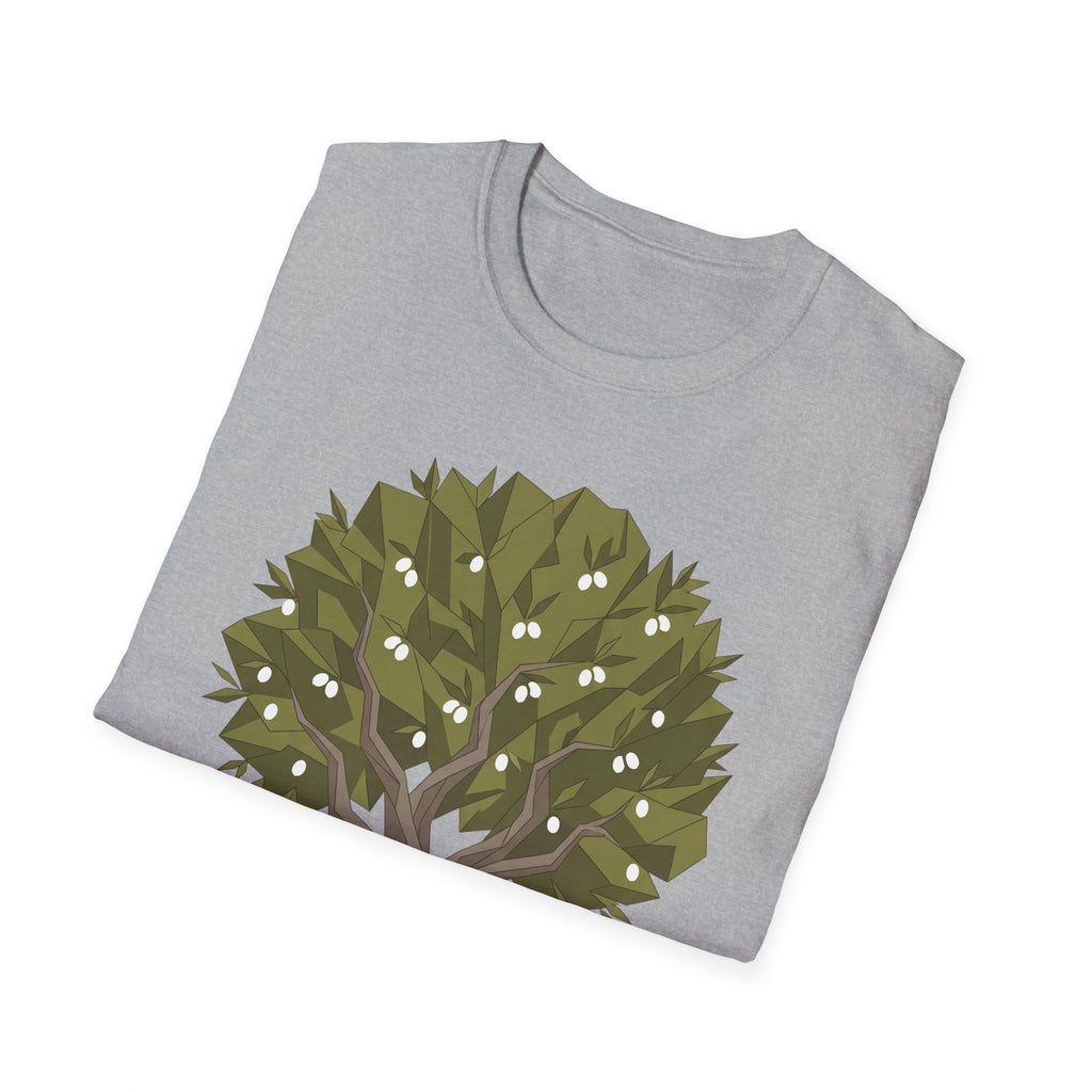 Sport gray twisted olive tree T-shirt with green leaves and white olive details