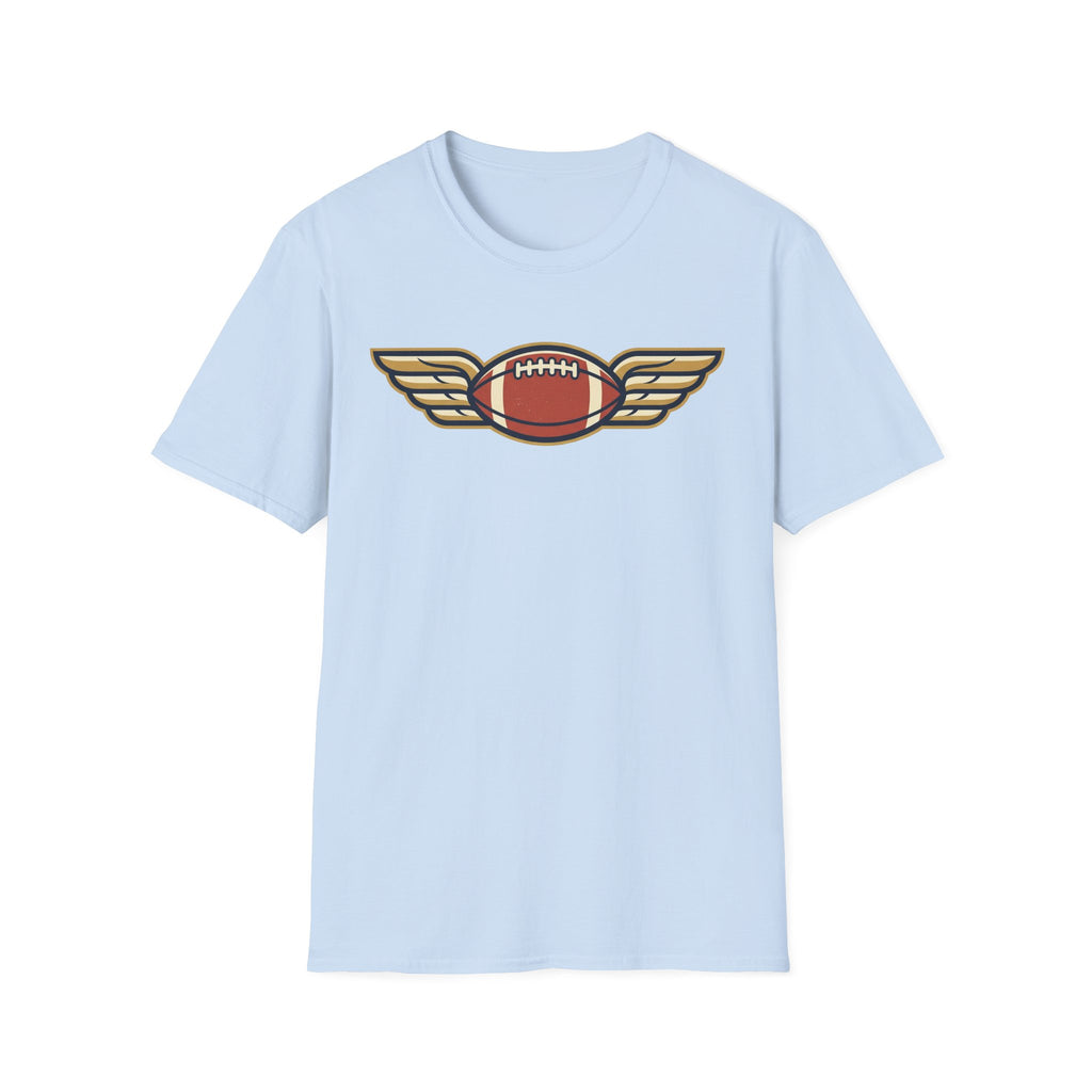 Light blue football T-shirt with winged football graphic on chest