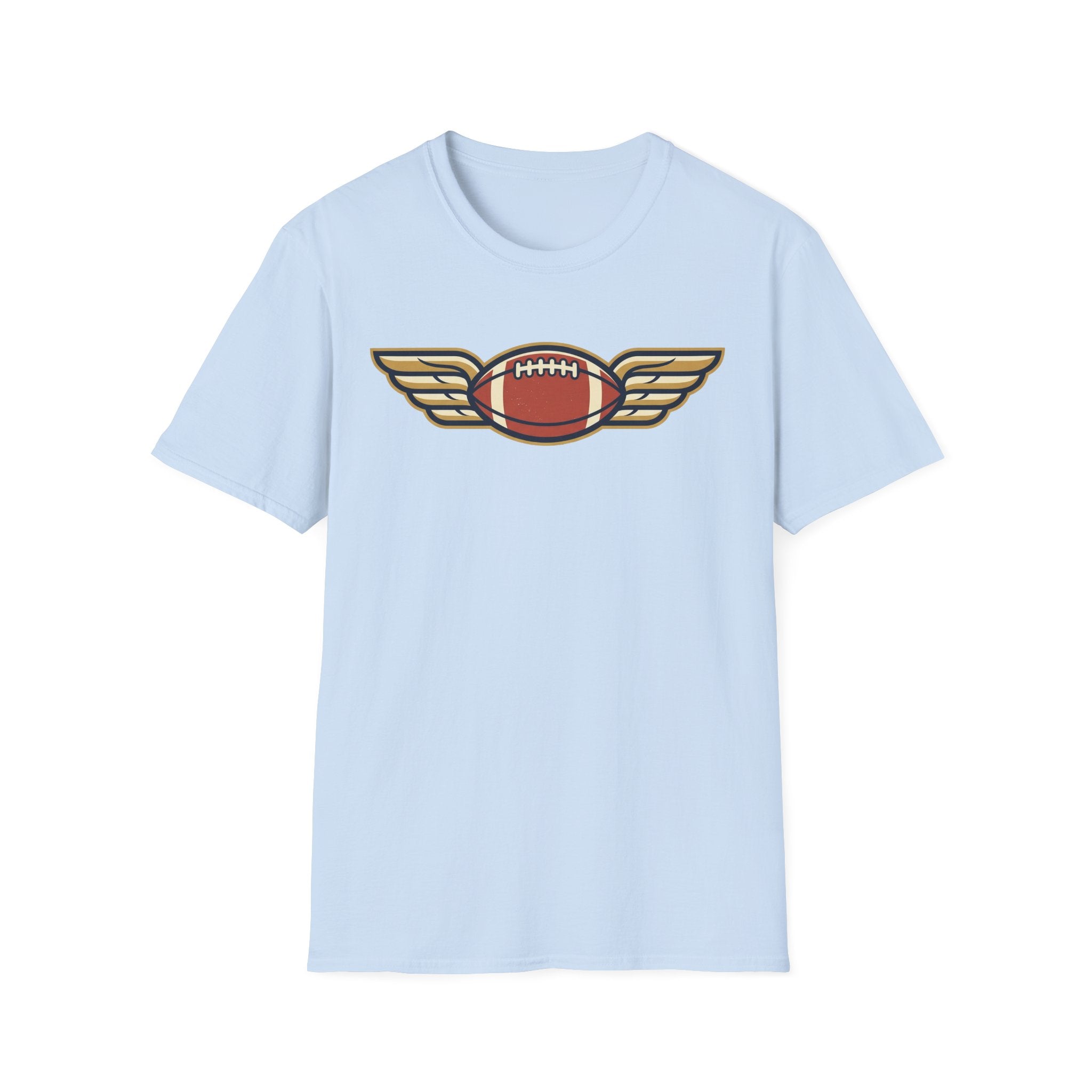 Light blue football T-shirt with winged football graphic on chest