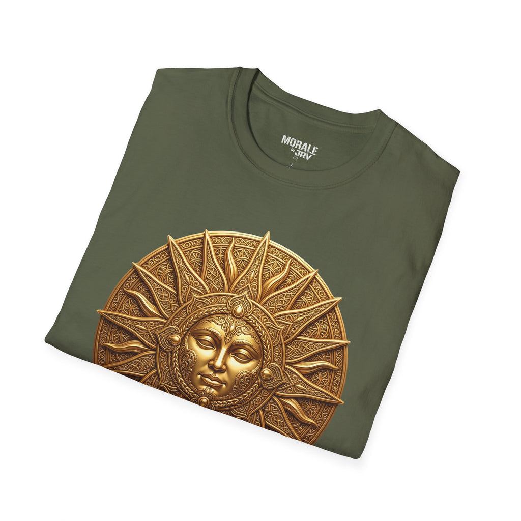 Military green tee with bronze-gold sun-face medallion print on front