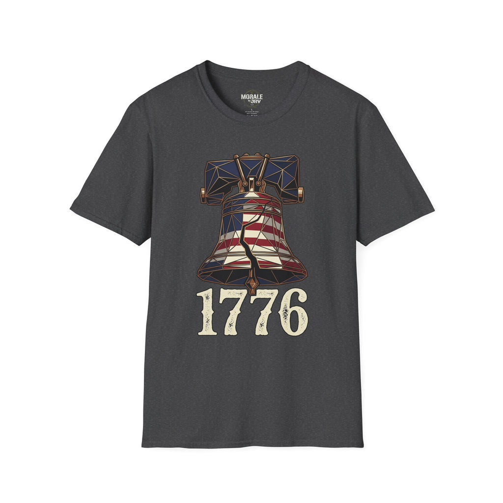 Liberty Bell 1776 T-shirt, charcoal heather, patriotic bell and “1776” front print