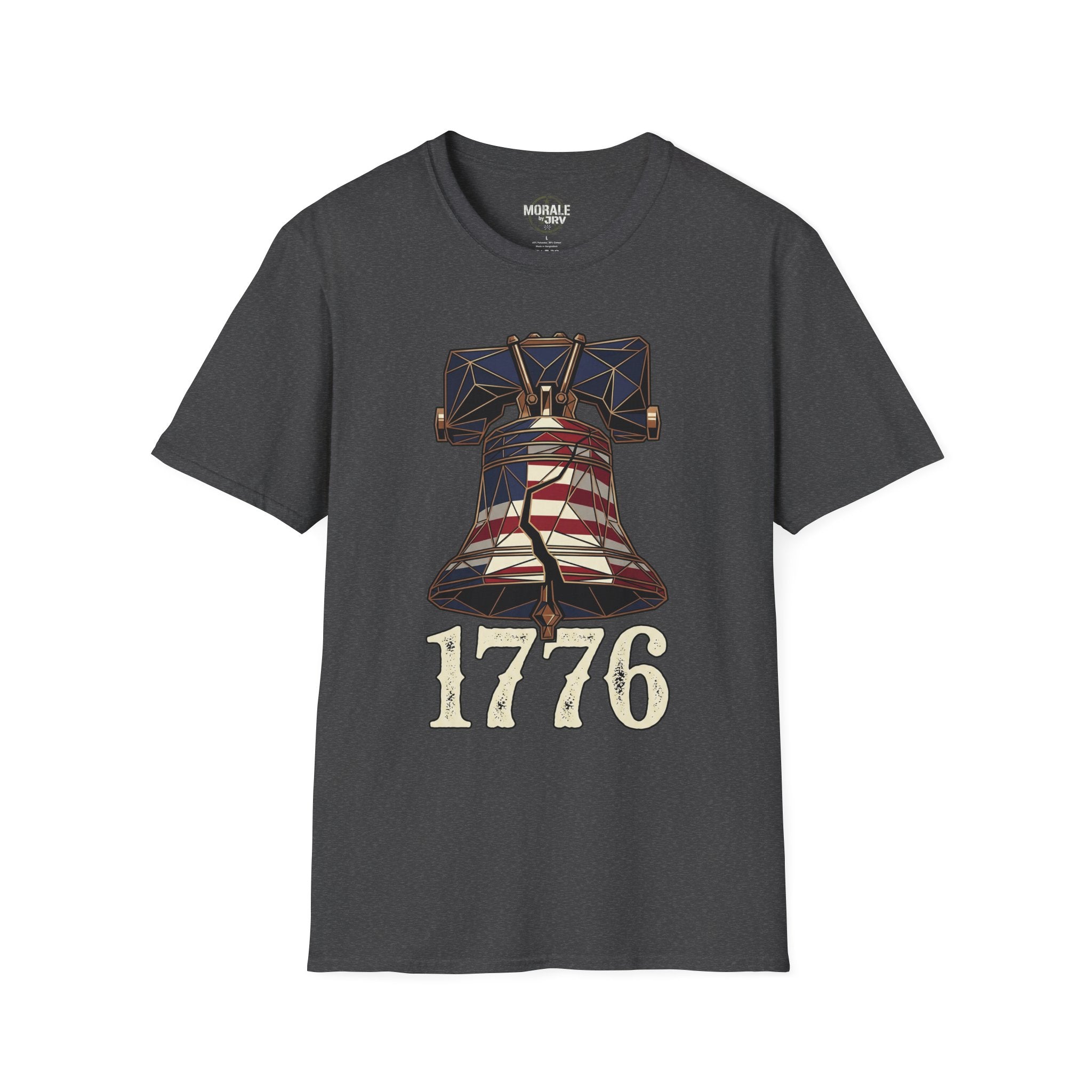 Liberty Bell 1776 T-shirt, charcoal heather, patriotic bell and “1776” front print