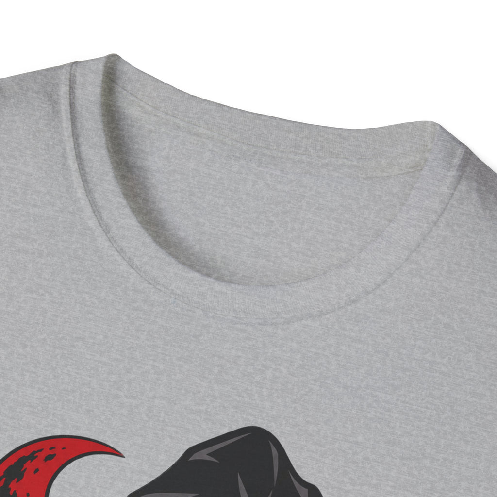 Sport gray crew-neck T-shirt with partial witch face graphic at lower chest