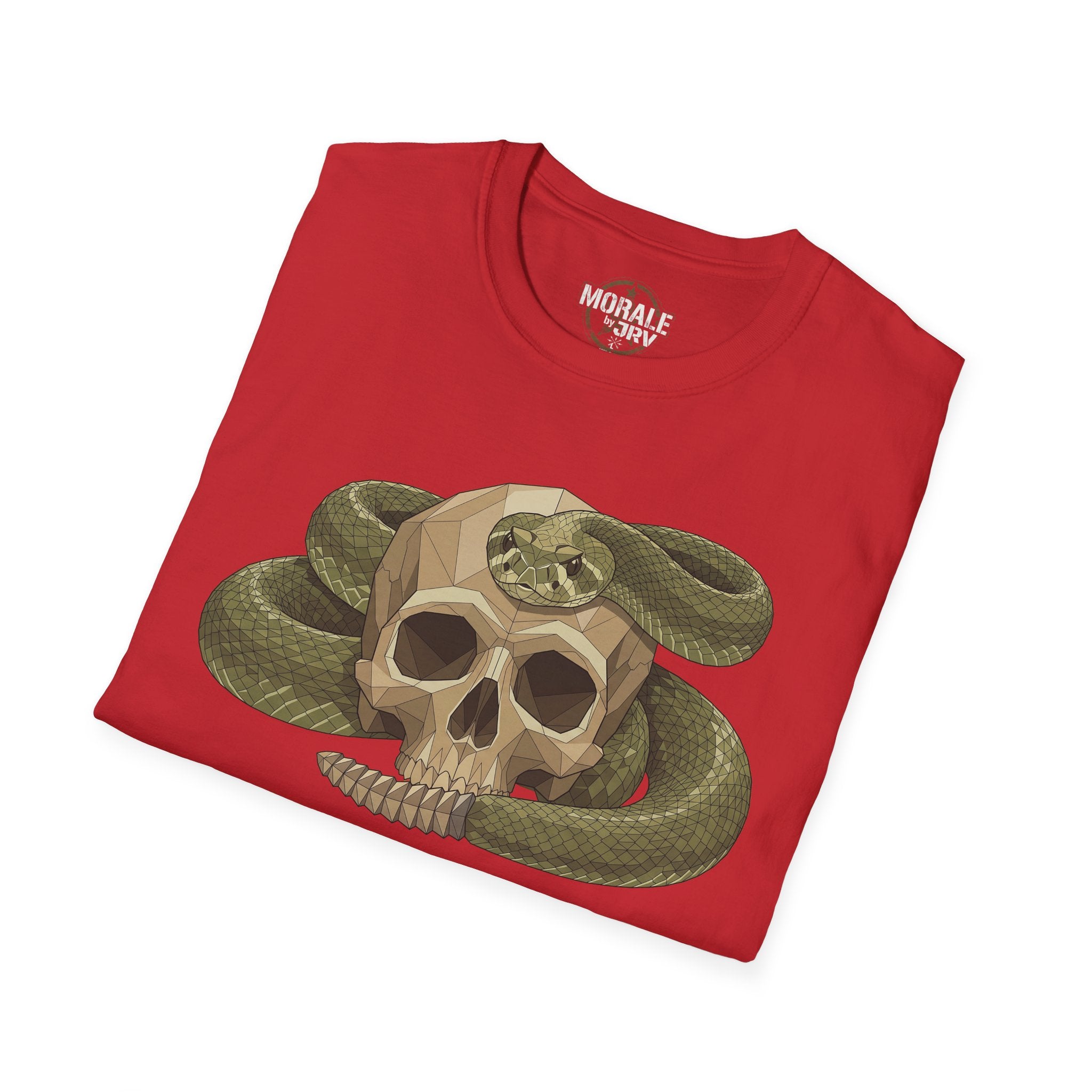 Red T-shirt: polygon skull with coiled green snake graphic