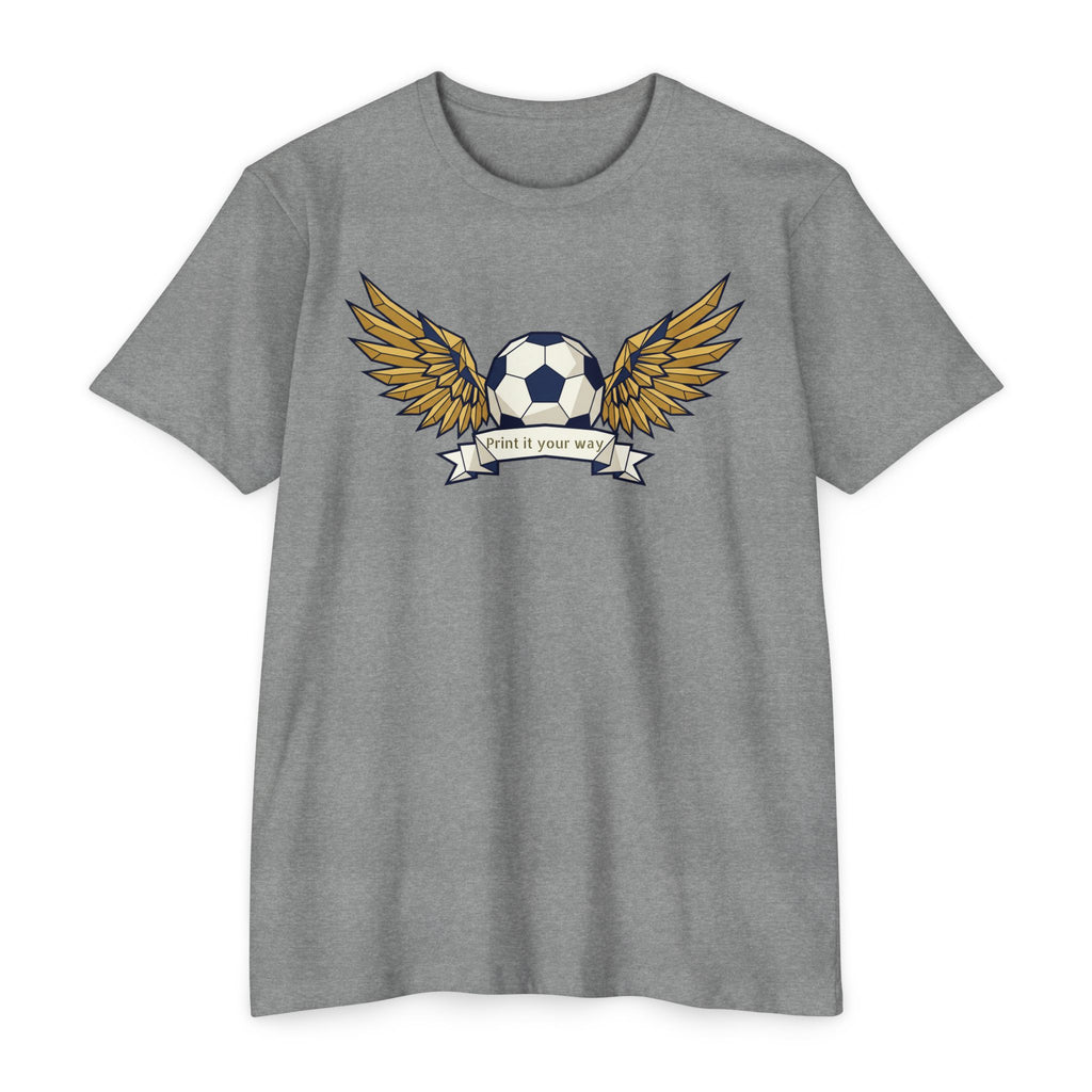 Gray unisex soccer T-shirt with winged soccer ball graphic on the chest