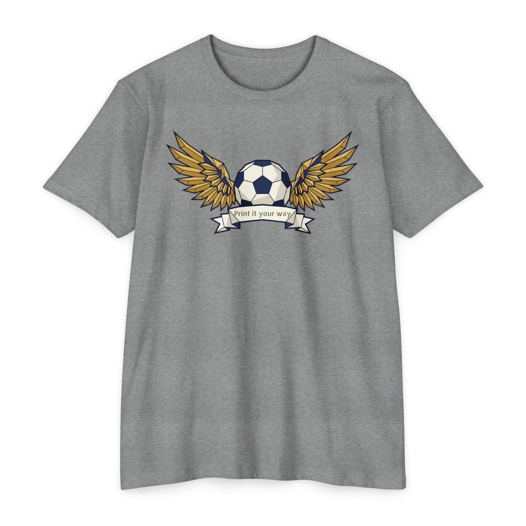 Gray unisex soccer T-shirt with winged soccer ball graphic on the chest
