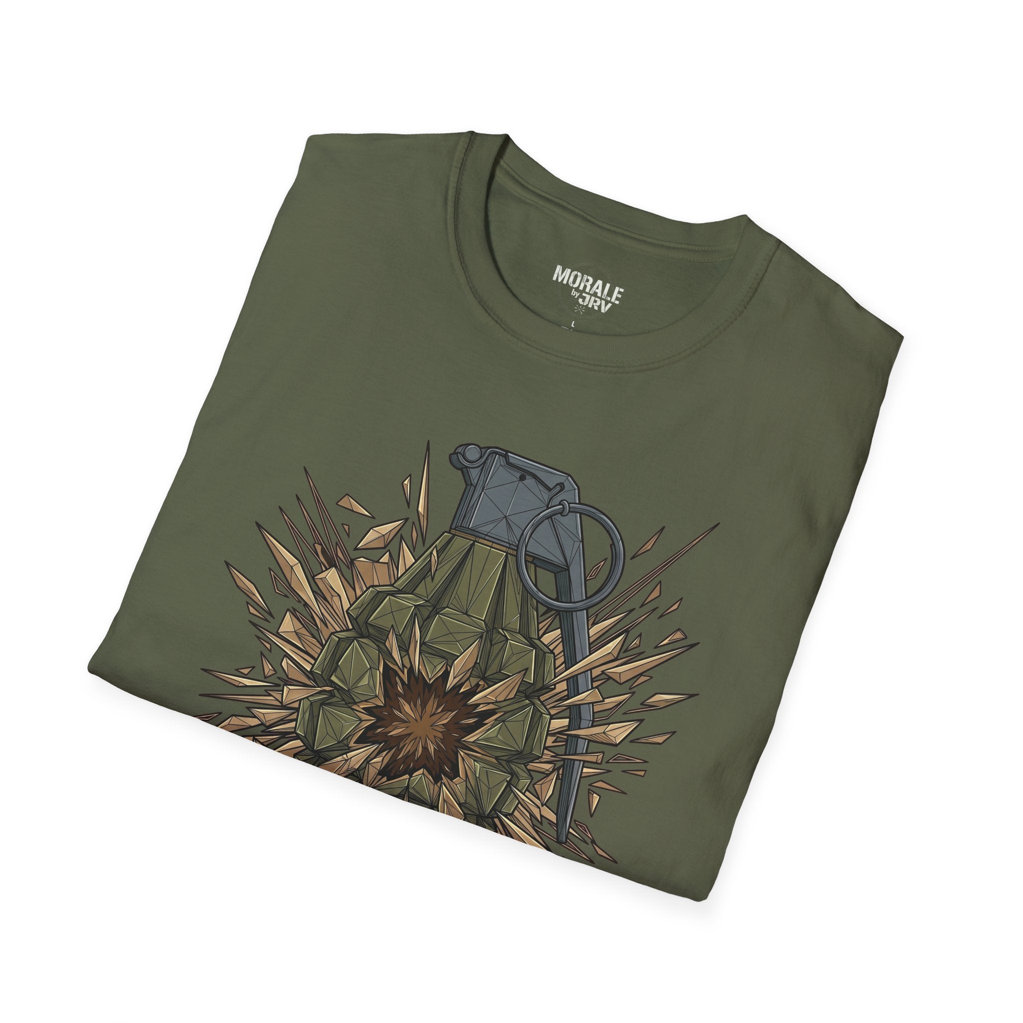 Military Green tee with large grenade explosion graphic on the front