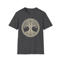 Dark charcoal T-shirt with pale gold Celtic tree of life knotwork circle graphic