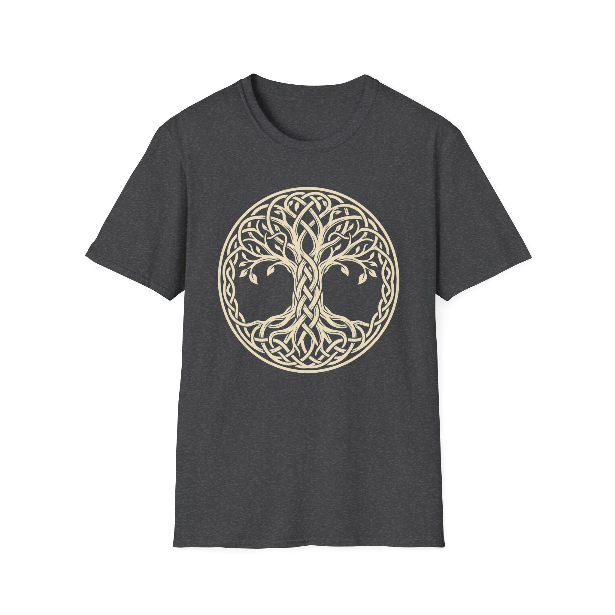 Dark charcoal T-shirt with pale gold Celtic tree of life knotwork circle graphic
