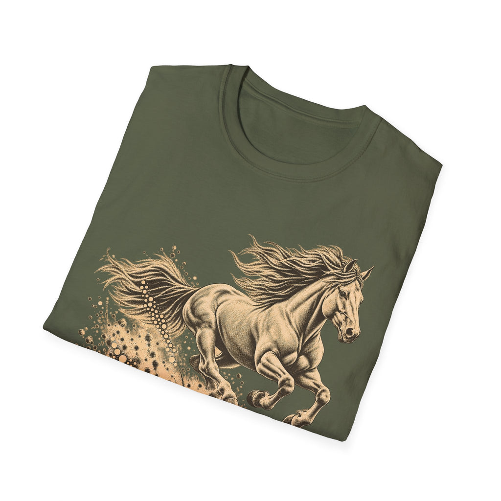 Olive green crewneck T-shirt with running horse graphic in gold tones