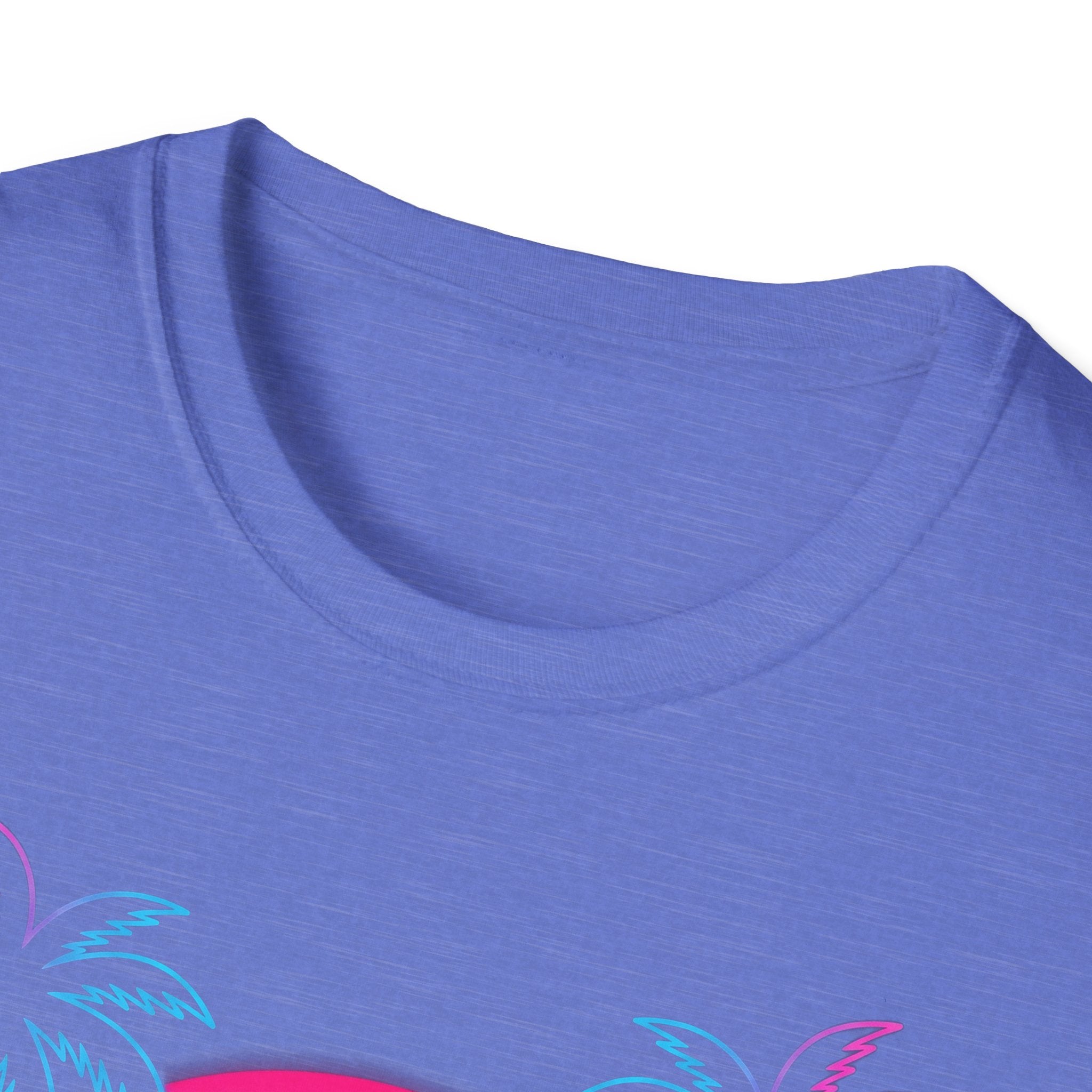 Vaporwave Skull Sunset T-shirt, Heather Royal—close-up of crew neck with partial graphic