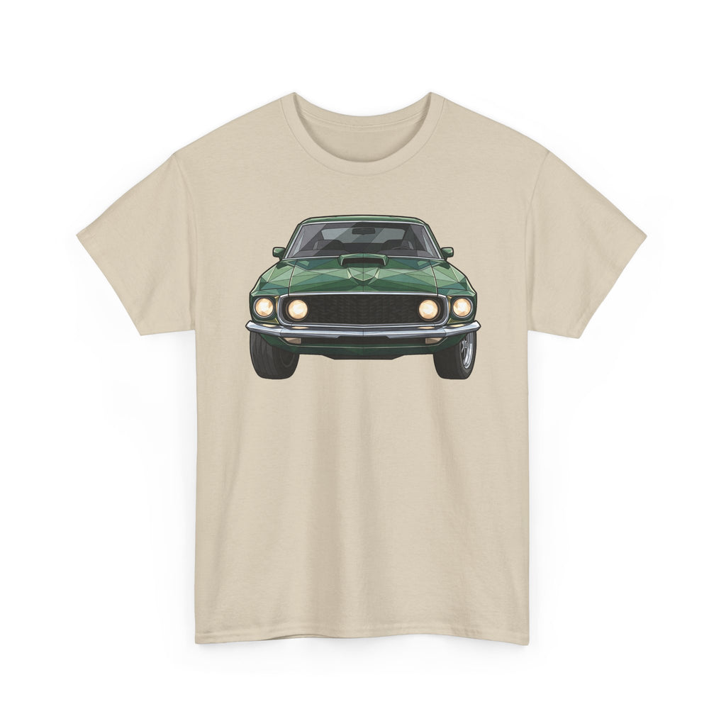 Sand muscle car graphic T-shirt with front view illustration on chest
