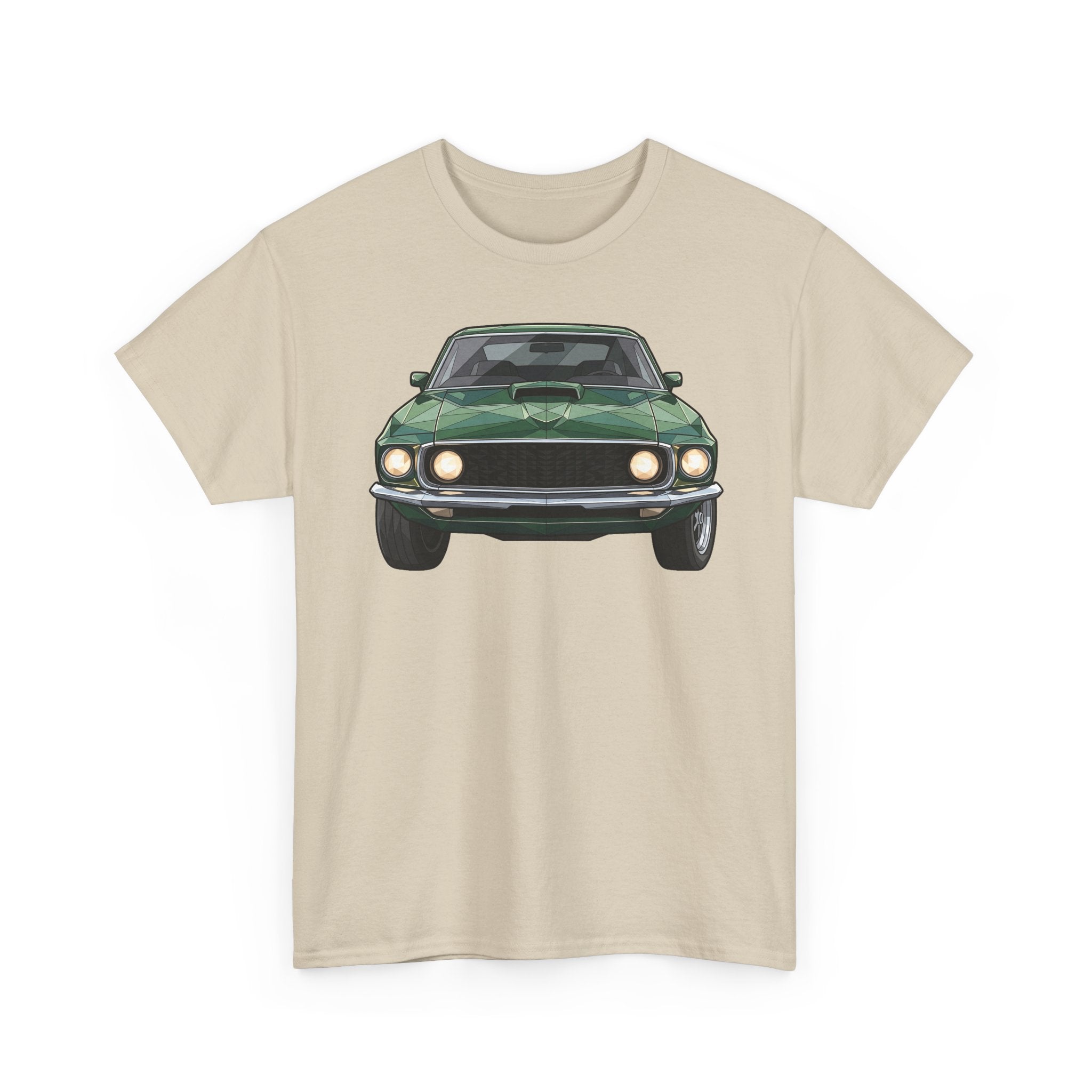 Sand muscle car graphic T-shirt with front view illustration on chest