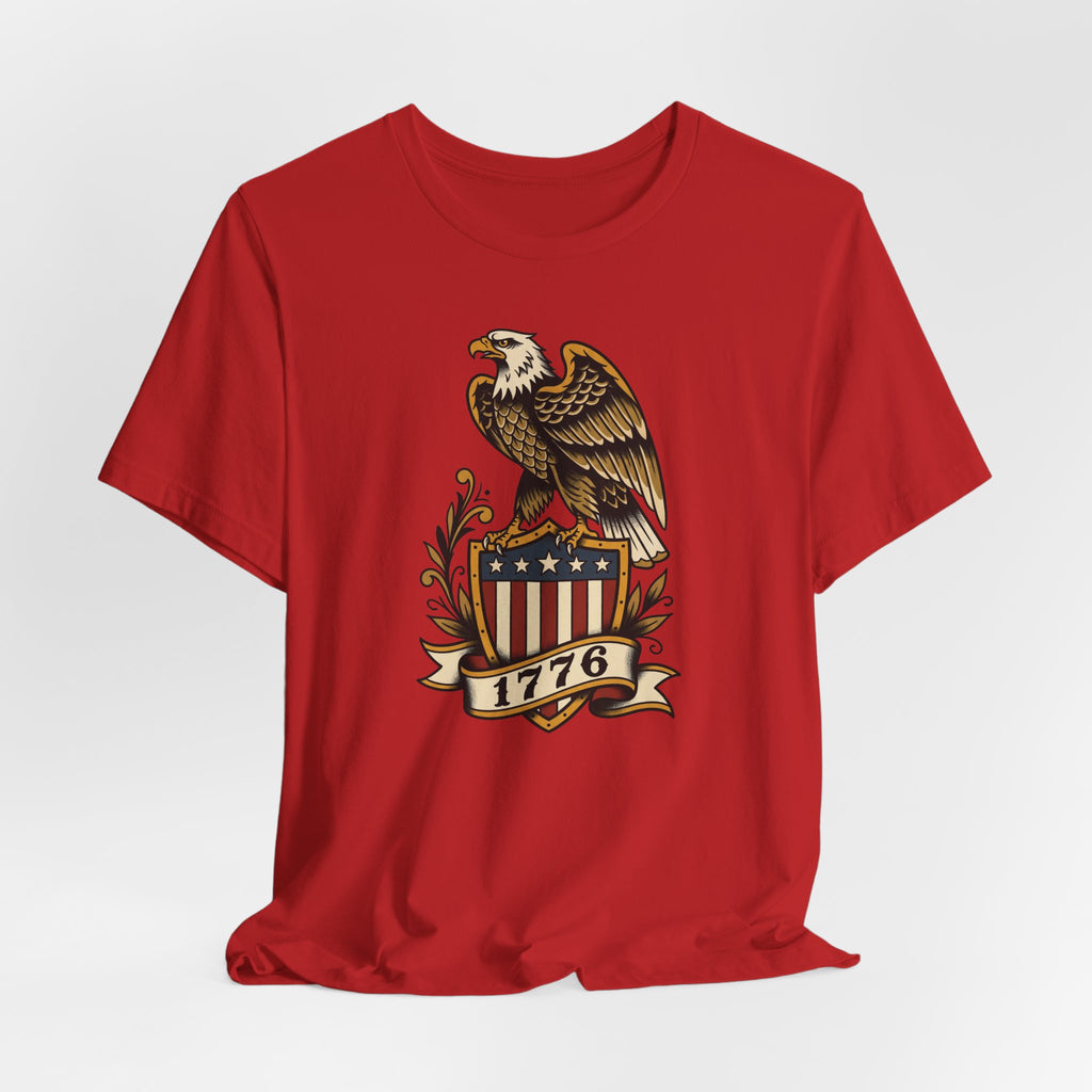 Red crewneck T-shirt with centered eagle and 1776 shield emblem graphic