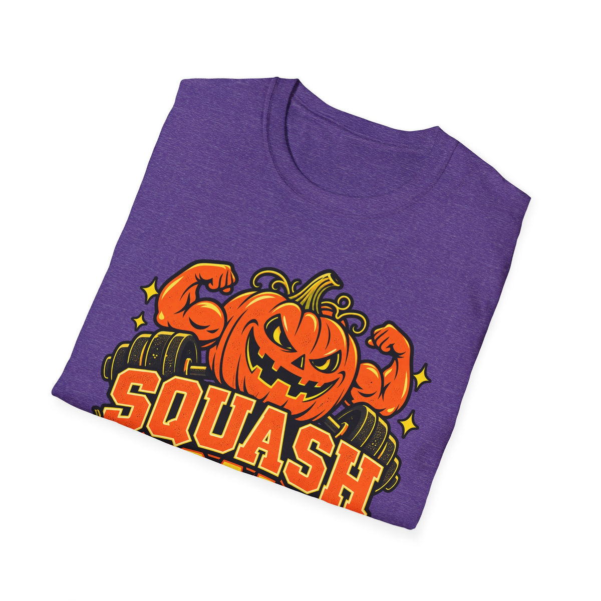 Purple Halloween gym t-shirt with orange pumpkin squats graphic