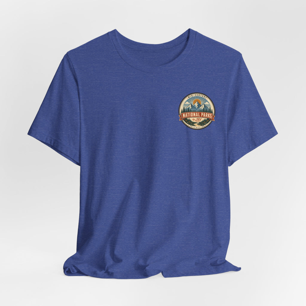 True royal blue t-shirt on model, small round National Park patch logo at the chest.