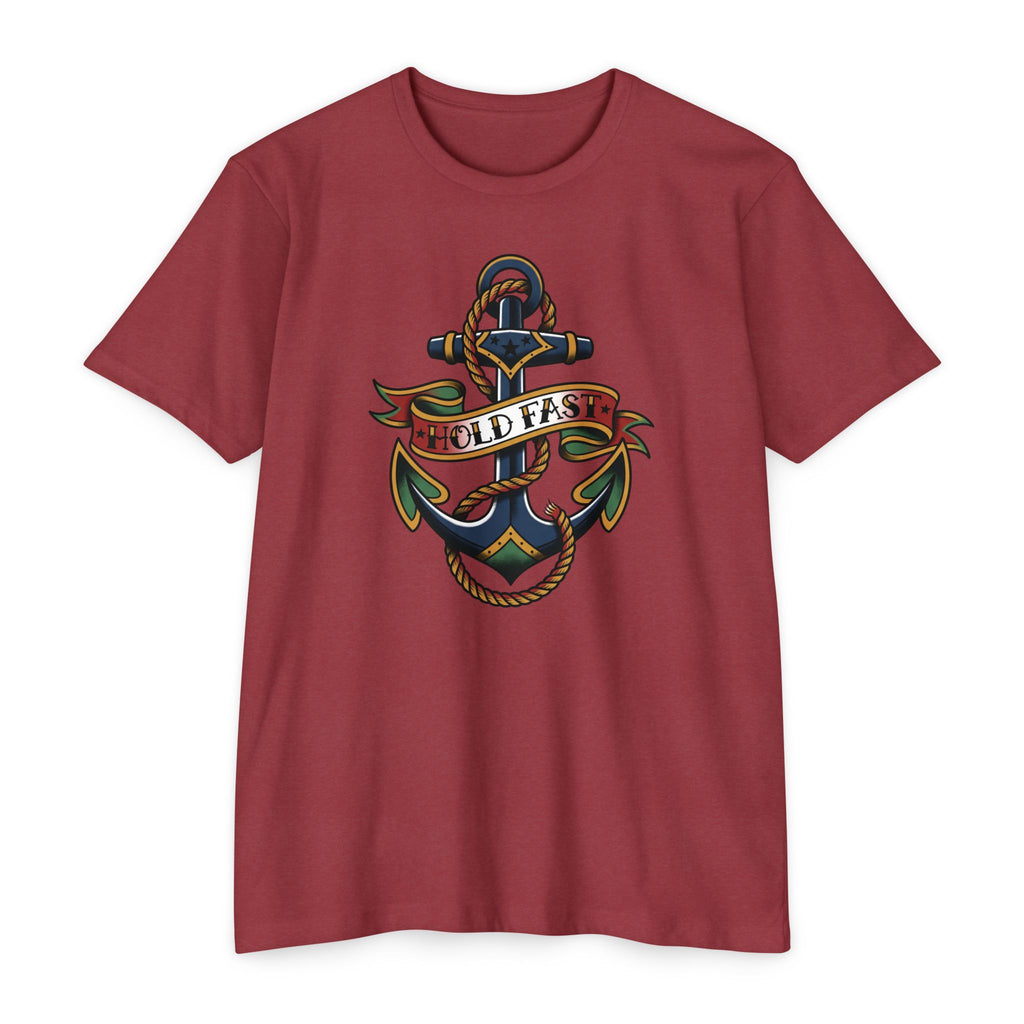 Burgundy crewneck t-shirt with colorful anchor and “Hold Fast” graphic on front