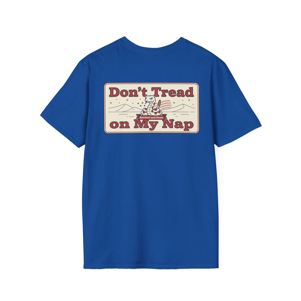 Royal blue T-shirt with "Don't Tread on My Nap" rectangular chest graphic