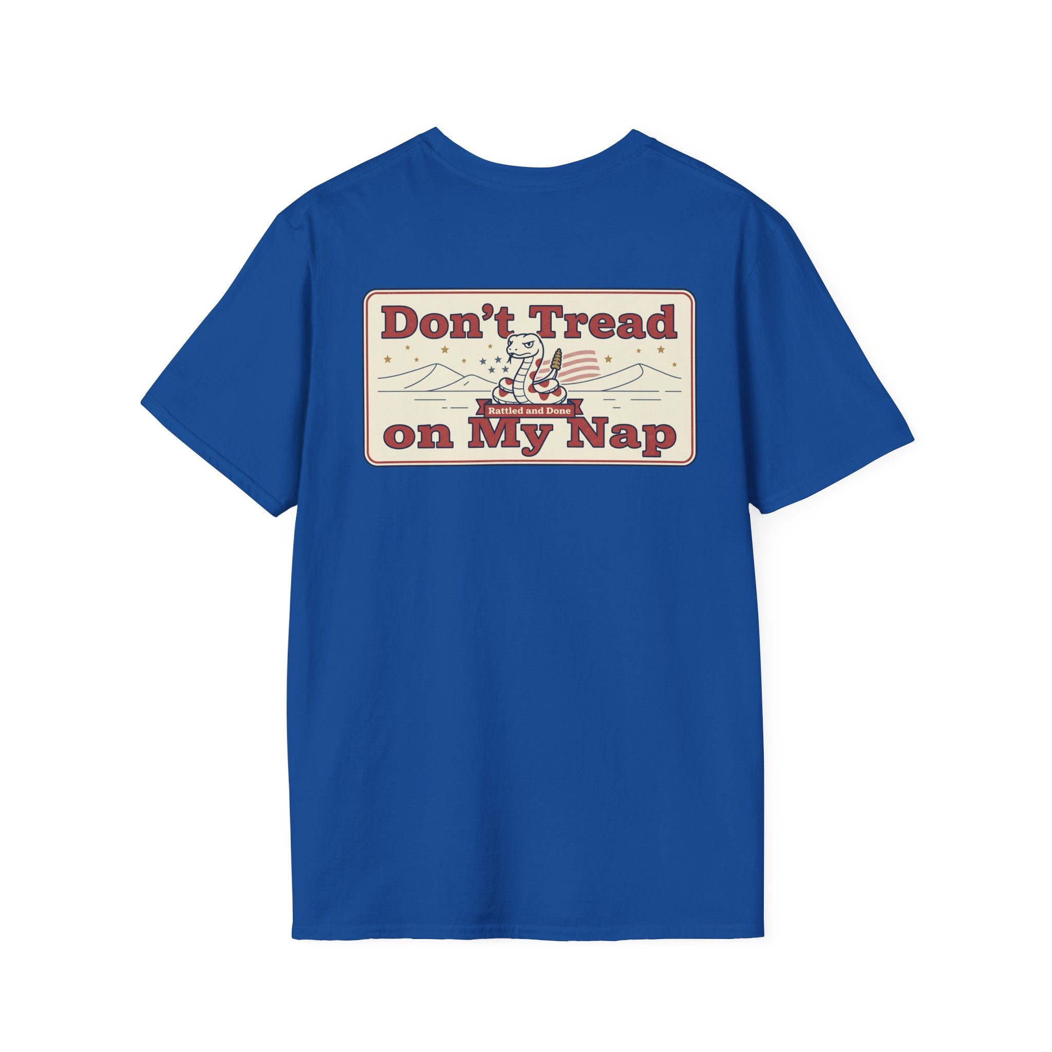 Royal blue T-shirt with "Don't Tread on My Nap" rectangular chest graphic