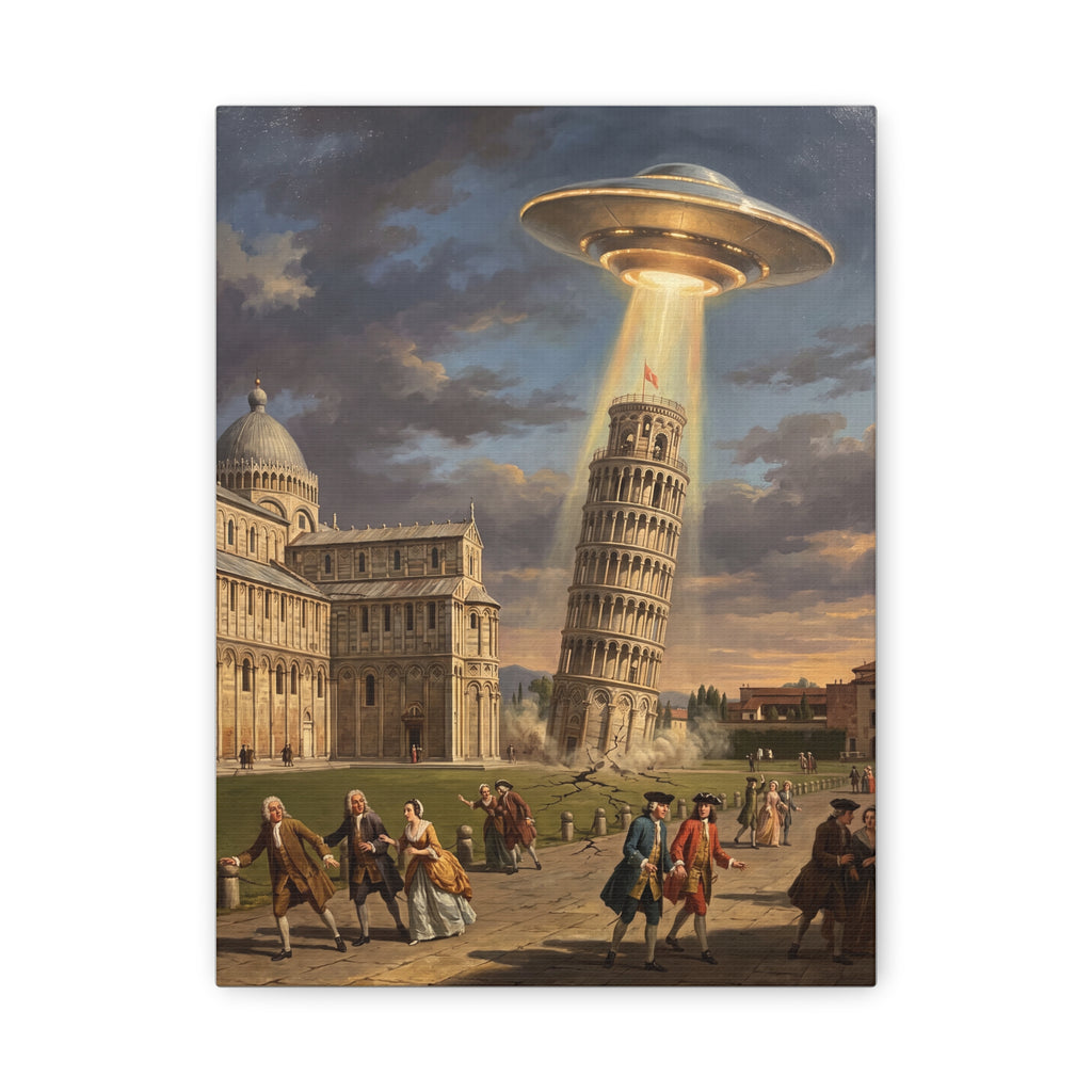 UFO abduction canvas print with glowing saucer over Leaning Tower and people in street