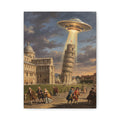 UFO abduction canvas print with glowing saucer over Leaning Tower and people in street