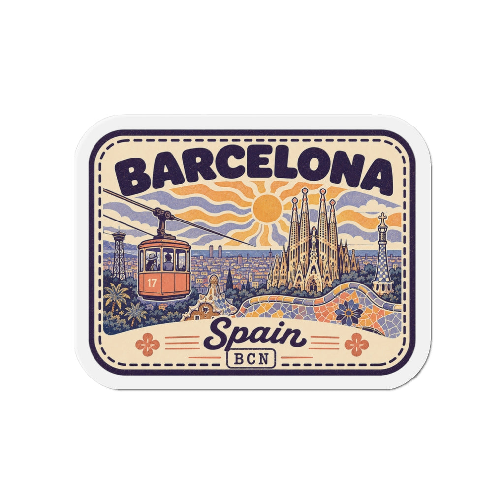 Die-cut Barcelona travel magnet, rounded border design with sun and Sagrada Familia towers