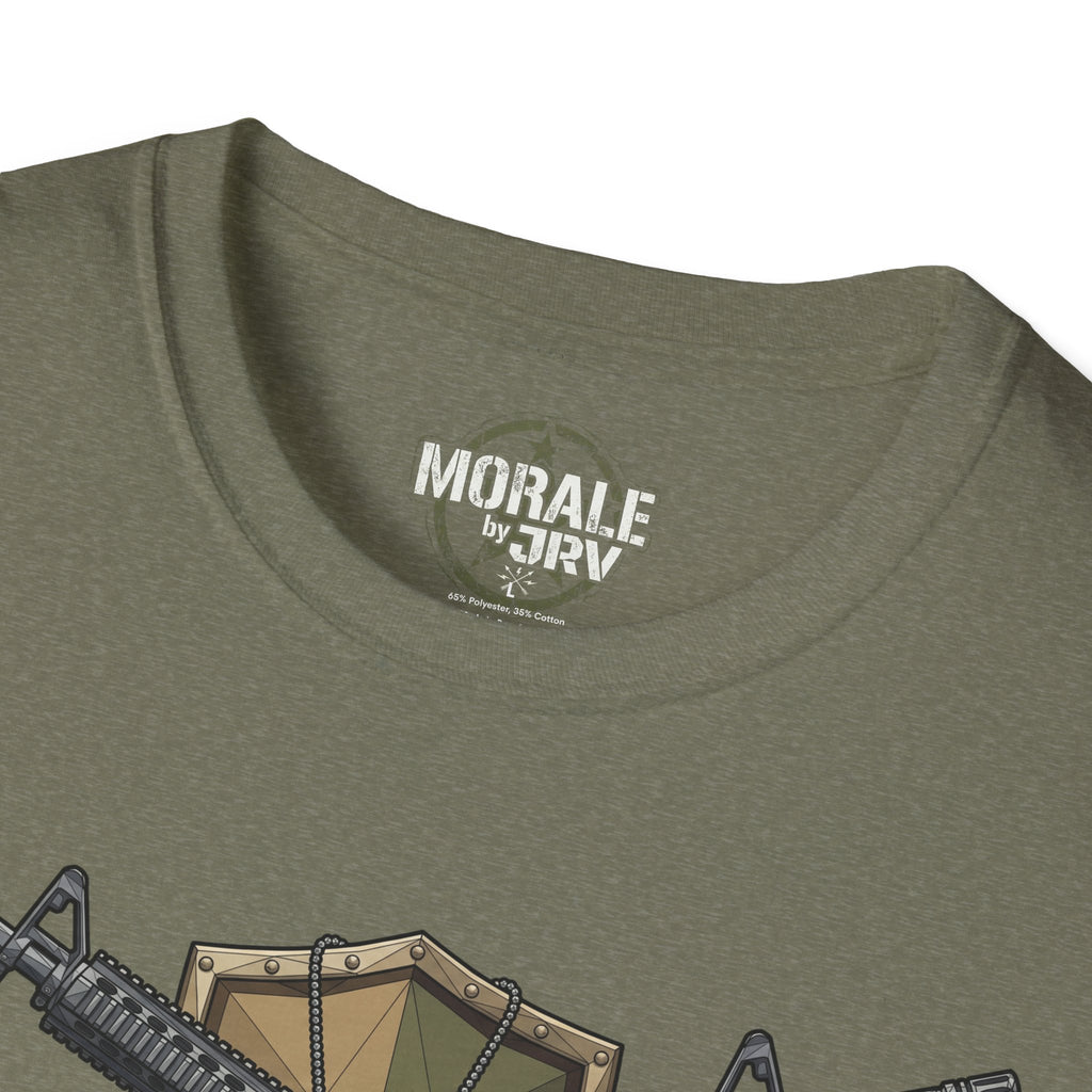 Heather military green T-shirt neckline with “MORALE by TR” logo patch