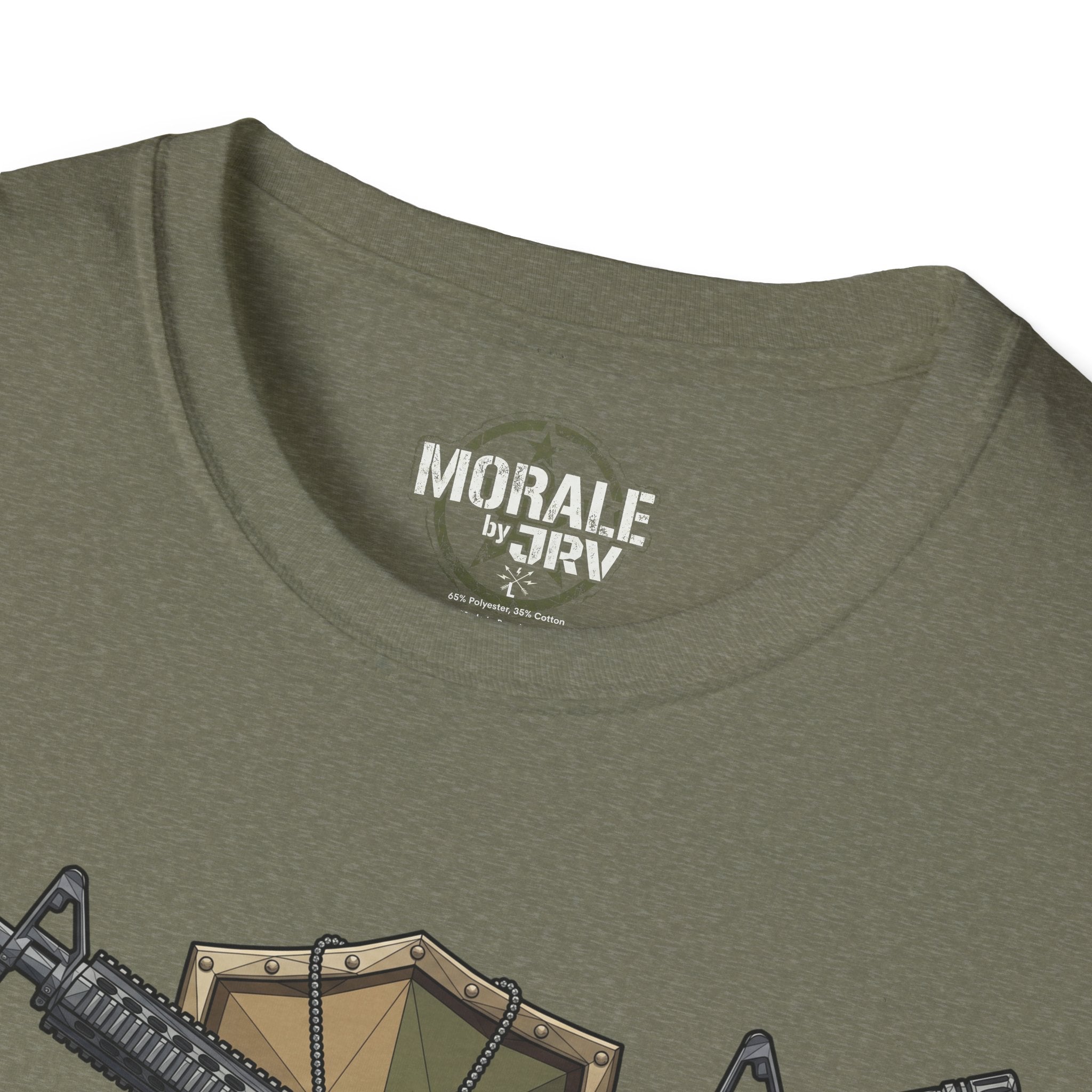 Heather military green T-shirt neckline with “MORALE by TR” logo patch